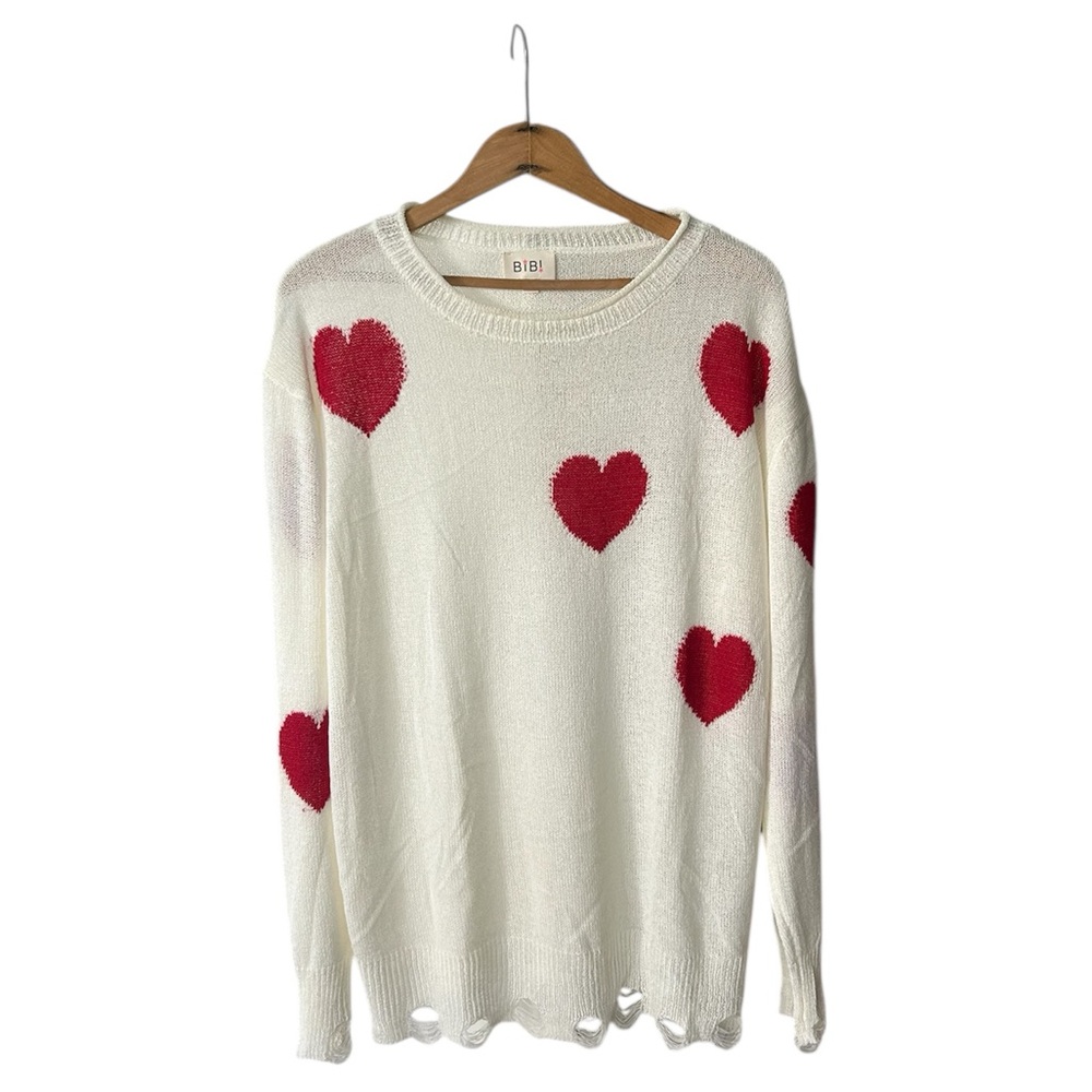 Bibi | Women’s Cream Distressed Rolled Collar Thin Knit Red Heart Sweater Size L
